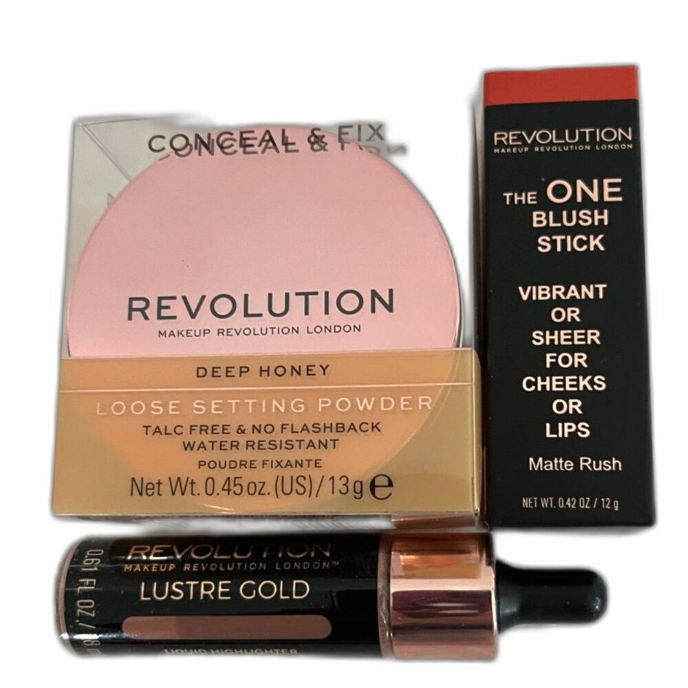 Set Of 3 - Revolution Cosmetics, Loose Powder, Lip Blush & Liquid Highlighter
